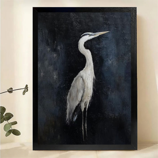 Great Blue Heron Portrait Wall Art - Dark Moody Textured Oil Painting Canvas Print|W1421