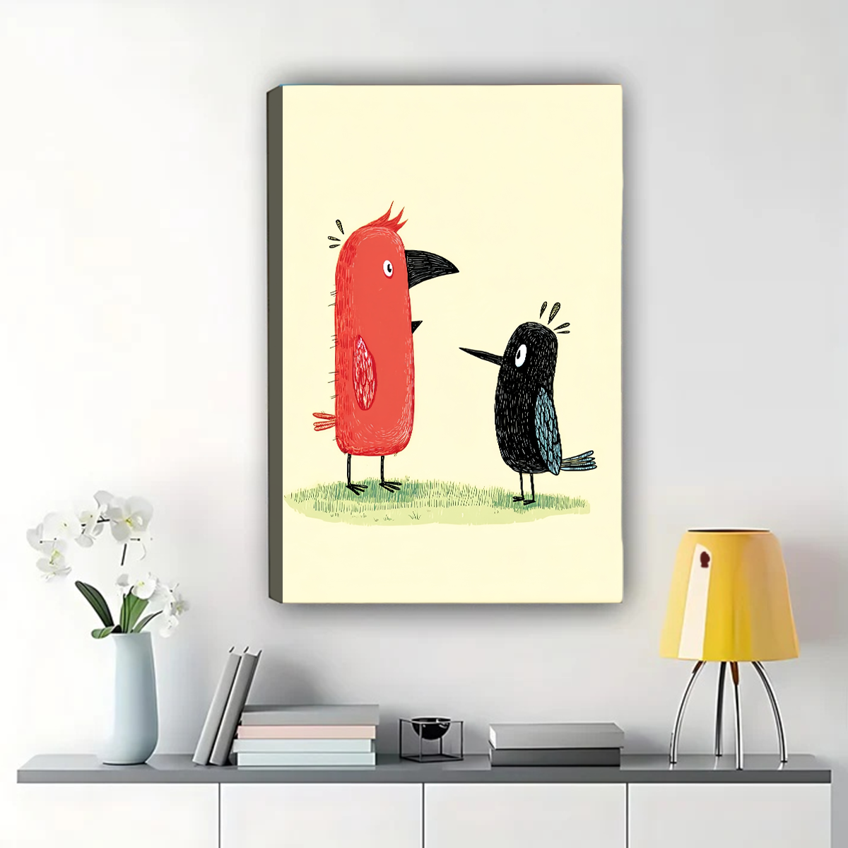 Two Birds Wall Art - Whimsical Red and Black Print|W1271