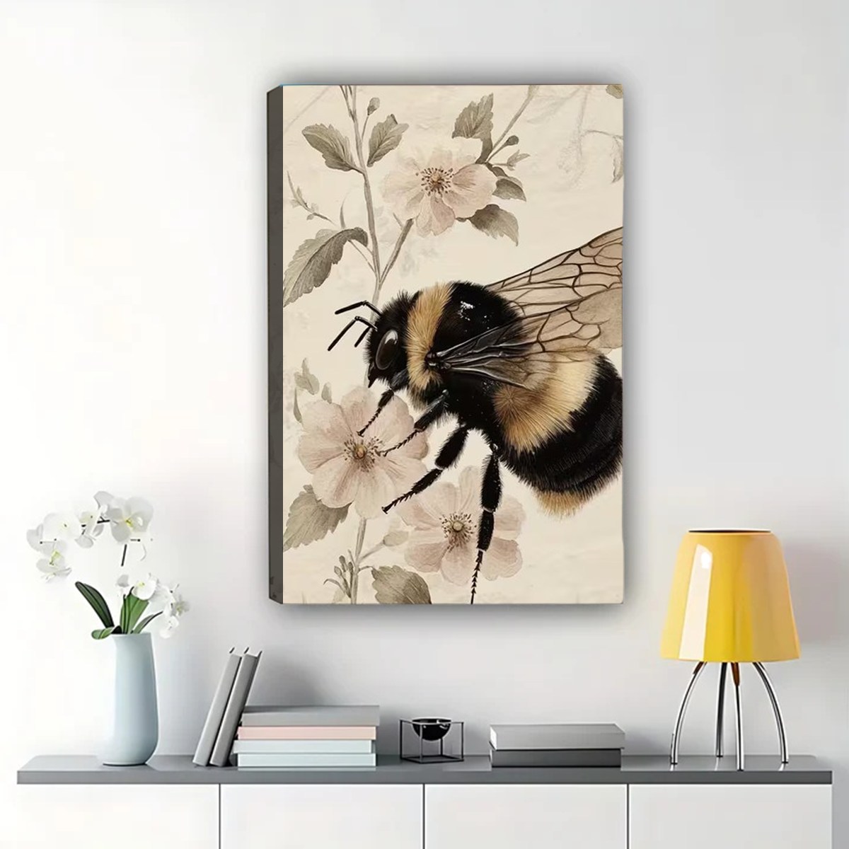 VVintage Bumblebee Botanical Art Print – Nature Wall Decor | W1438