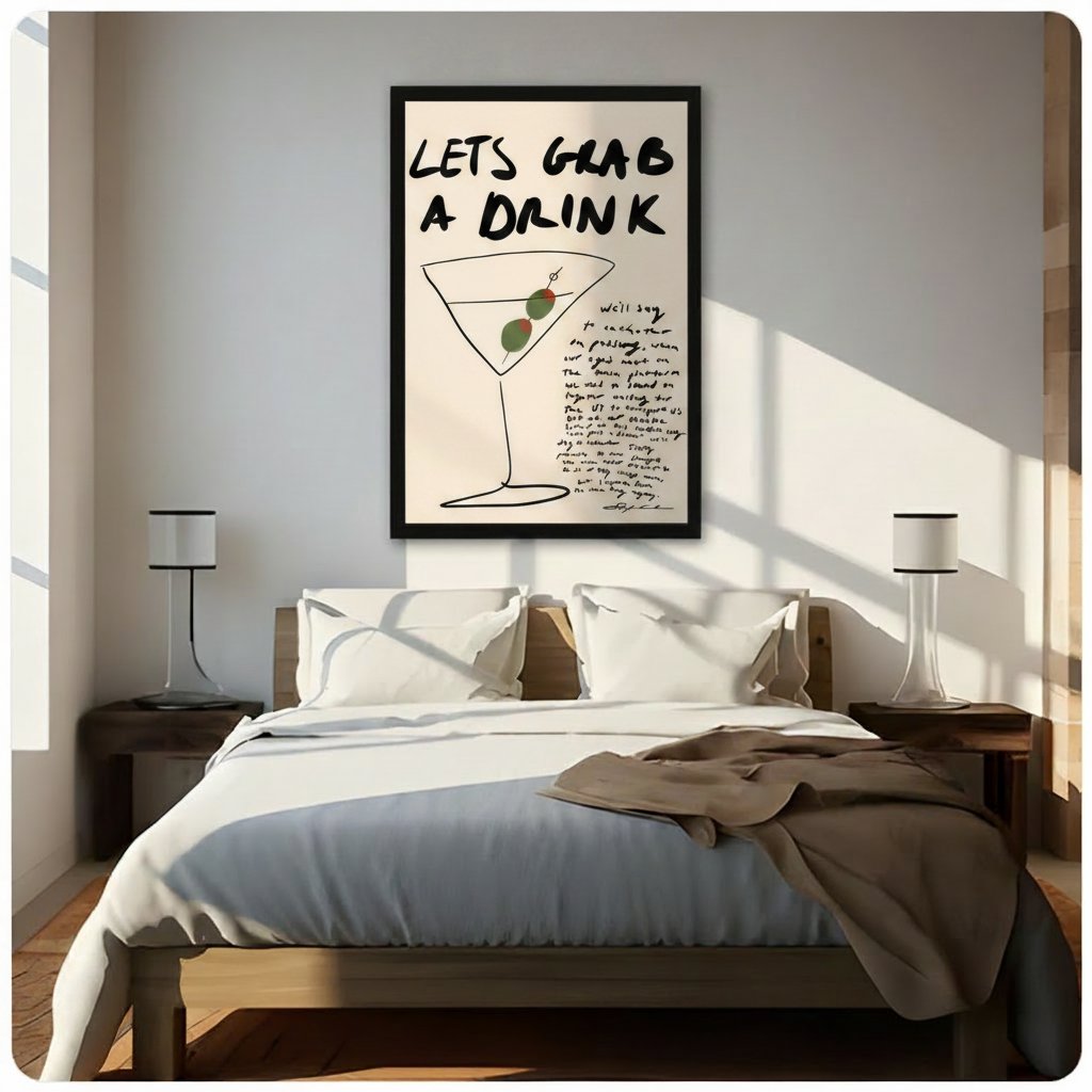 Home bar wall decor canvas print – minimalist martini line art with handwritten text