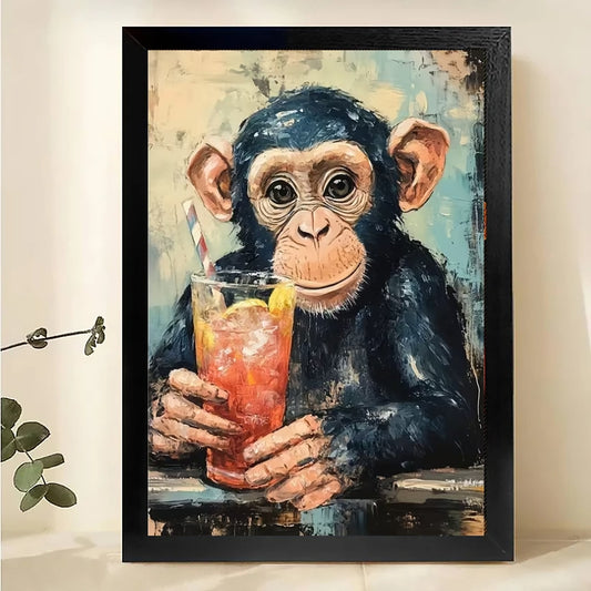 The Retro Beverage-Holding Chimp – Playful Vintage Wall Art on Natural Wood Canvas | W571