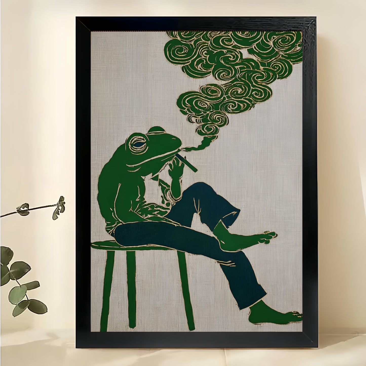 The Smoking Frog – Retro Hippie Wall Art on Natural Wood Canvas | W584
