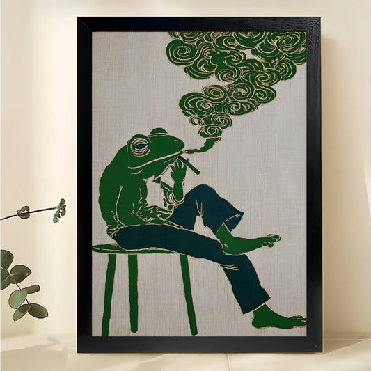 The Smoking Frog – Retro Hippie Wall Art on Natural Wood Canvas | W584