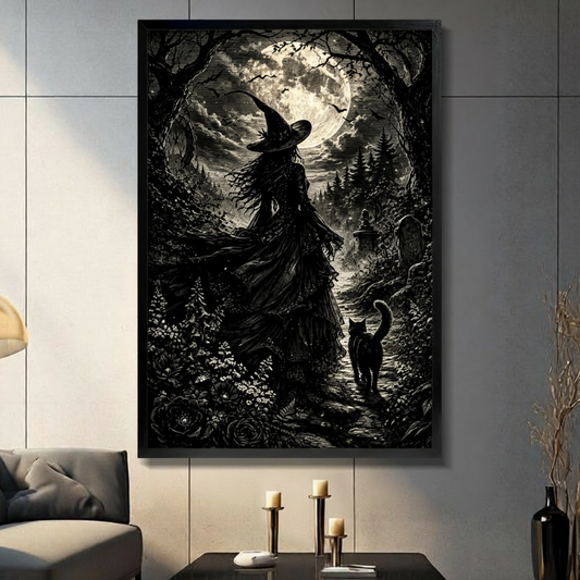 Gothic Witch And Black Cat Moonlight Canvas Art w7314