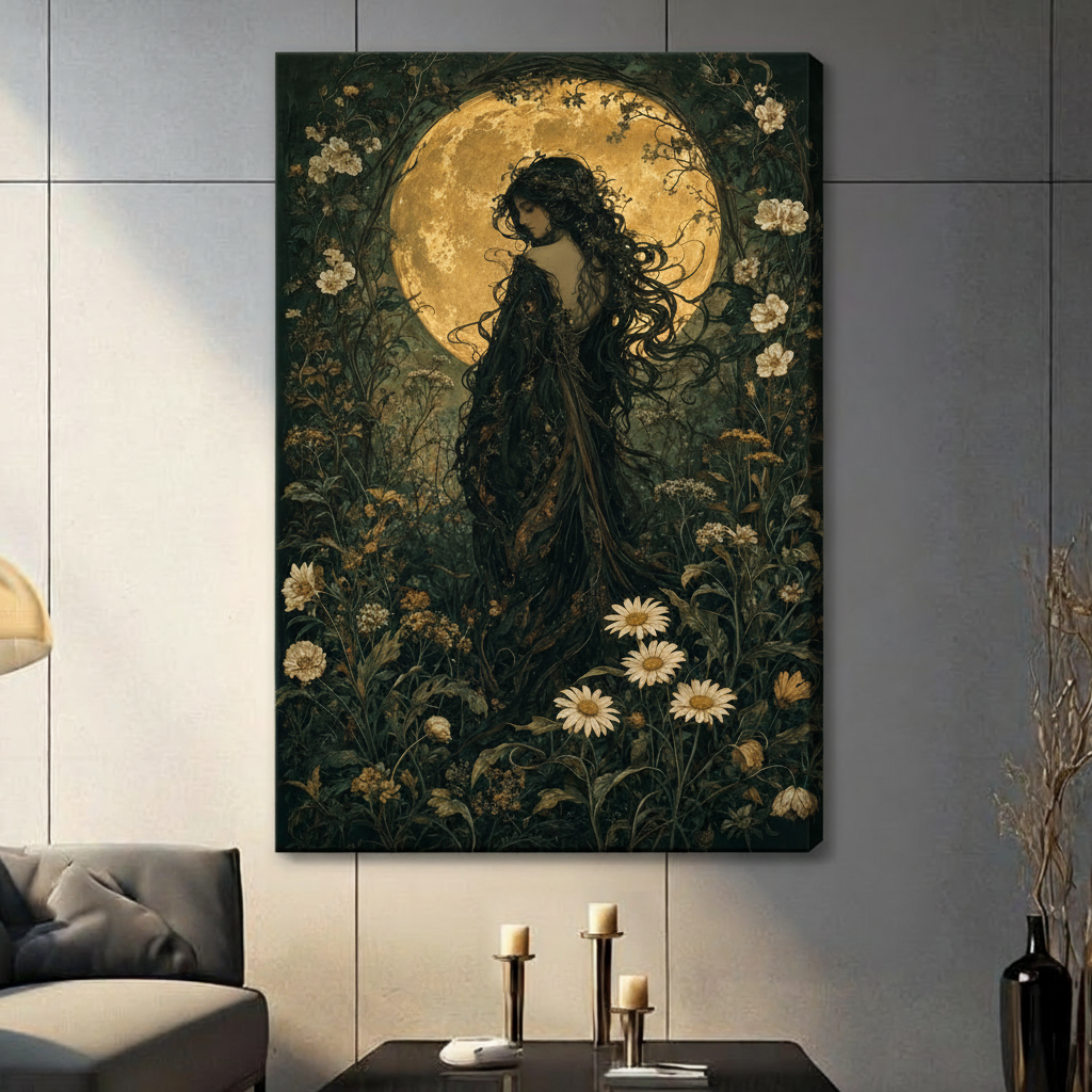 Moon Witch Floral Dark Fantasy Oil Painting Canvas Wall Art w7215