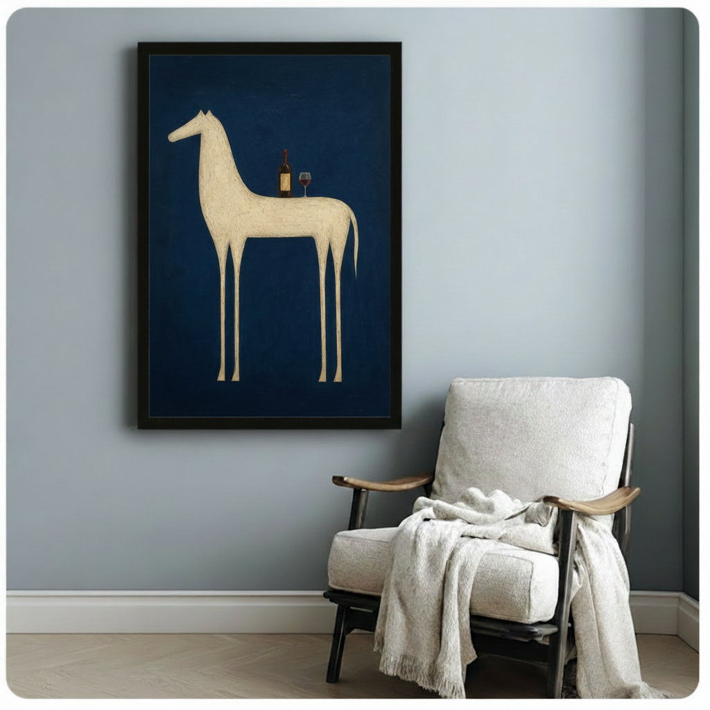 Contemporary surrealist art print of a minimalist elongated white horse with unnaturally long slender legs in a clean side profile silhouette balancing a dark wine bottle and filled red wine glass on its back on a deep dark navy blue background modern abstract horse wine art framed poster displayed beside a white fabric lounge chair with draped throw blanket against a soft blue-gray wall