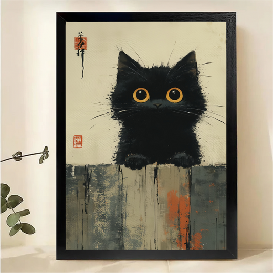 Curious Black Cat Peeking Over Wall Art - Ink Brush Style Canvas Print|W1370
