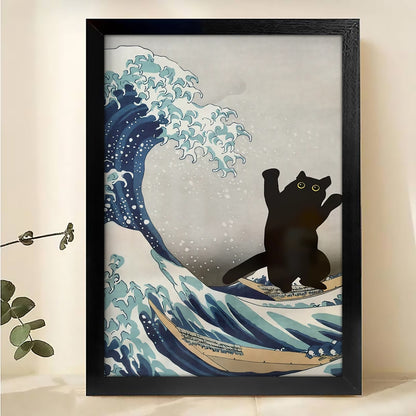 The Wave Riding Black Cat – Dramatic Ocean Feline Wall Art on Natural Wood Grain Canvas | W491