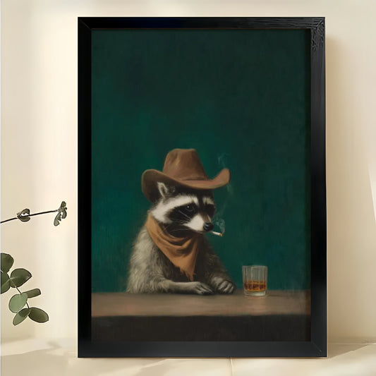 Bar Raccoon – Vintage Western Dapper Animal Wall Art on Natural Wood Canvas | W994