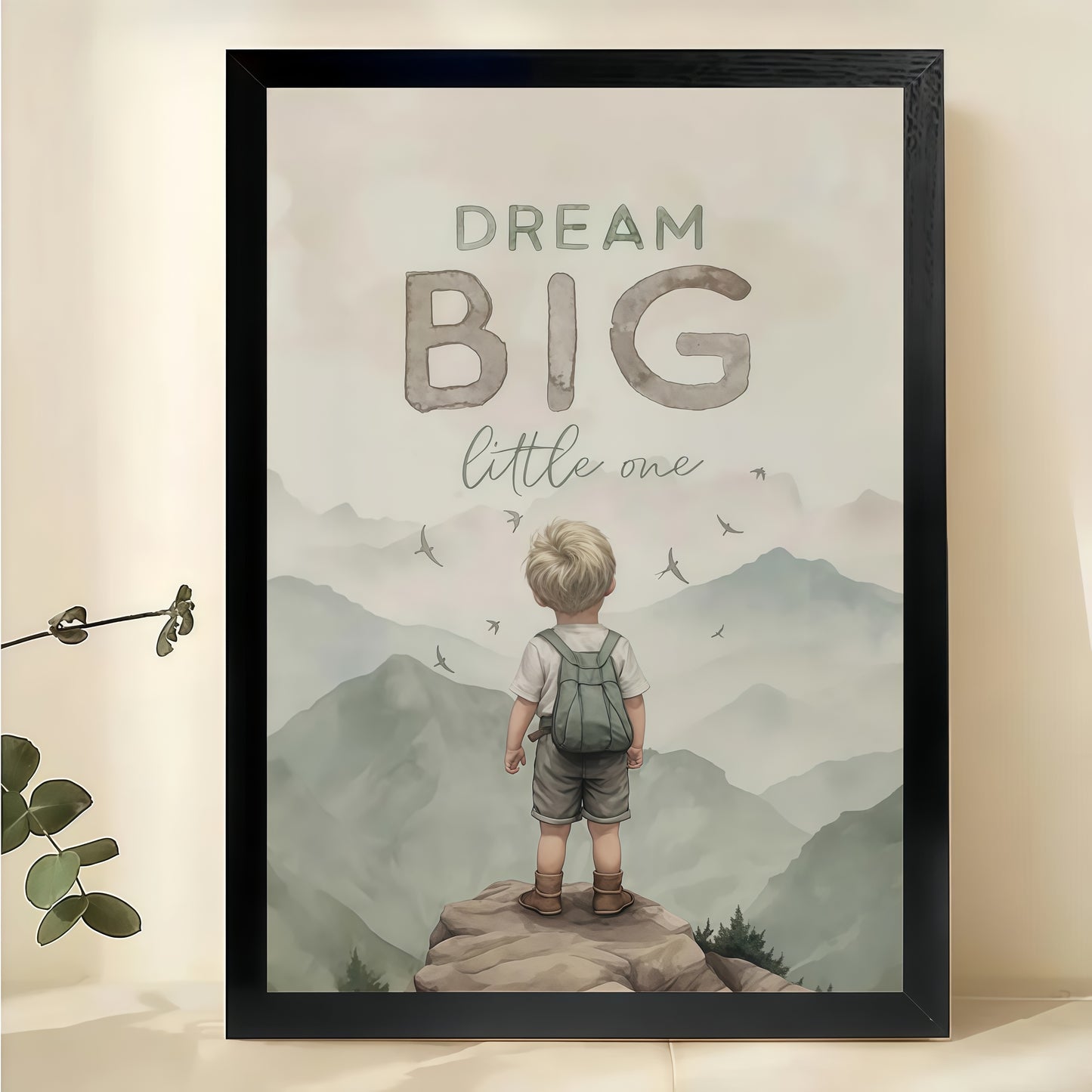 "Dream Big Little One" Wall Art – Inspirational Mountain Child Canvas Print on Natural Wood Frame | W2422