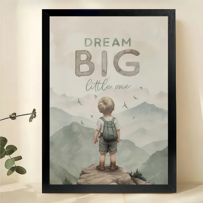 "Dream Big Little One" Wall Art – Inspirational Mountain Child Canvas Print on Natural Wood Frame | W2422