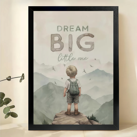 "Dream Big Little One" Wall Art – Inspirational Mountain Child Canvas Print on Natural Wood Frame | W2422