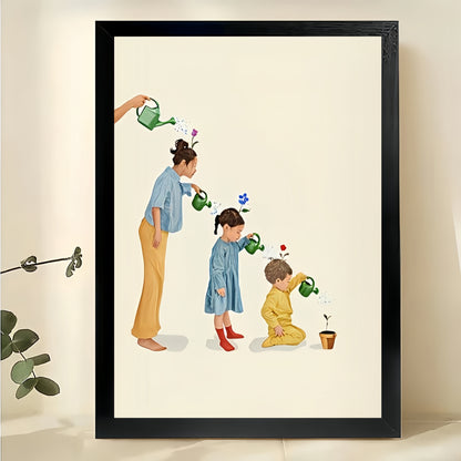 Family Watering Moments – Whimsical Family Illustration Wall Art on Natural Wood Canvas | W2049