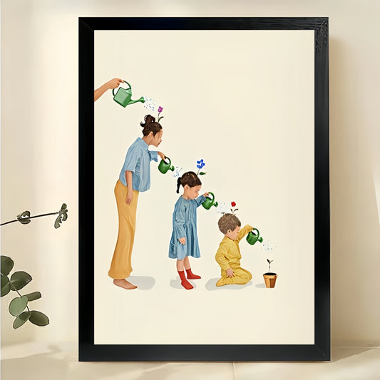 Family Watering Moments – Whimsical Family Illustration Wall Art on Natural Wood Canvas | W2049