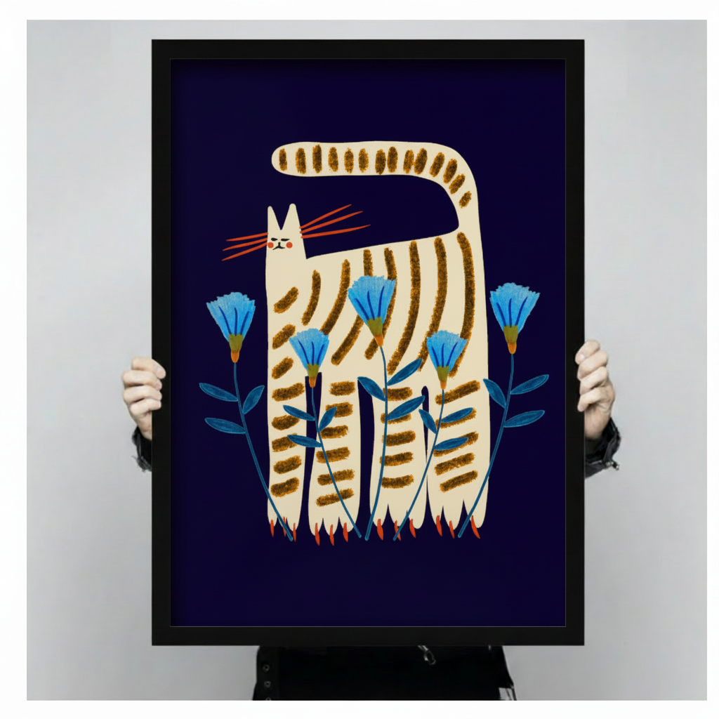Folk art striped cat framed canvas art — tall cream tabby with golden brown stripes standing among vivid blue cornflowers on deep navy background, whimsical Scandinavian-inspired wall decor