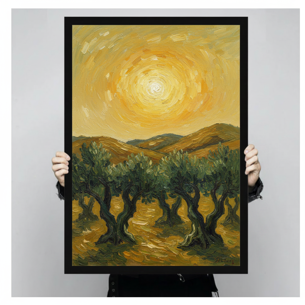 Hand-held Van Gogh olive tree canvas print – size and scale reference