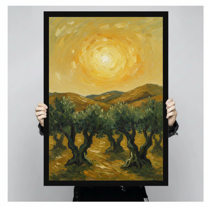 Hand-held Van Gogh olive tree canvas print – size and scale reference