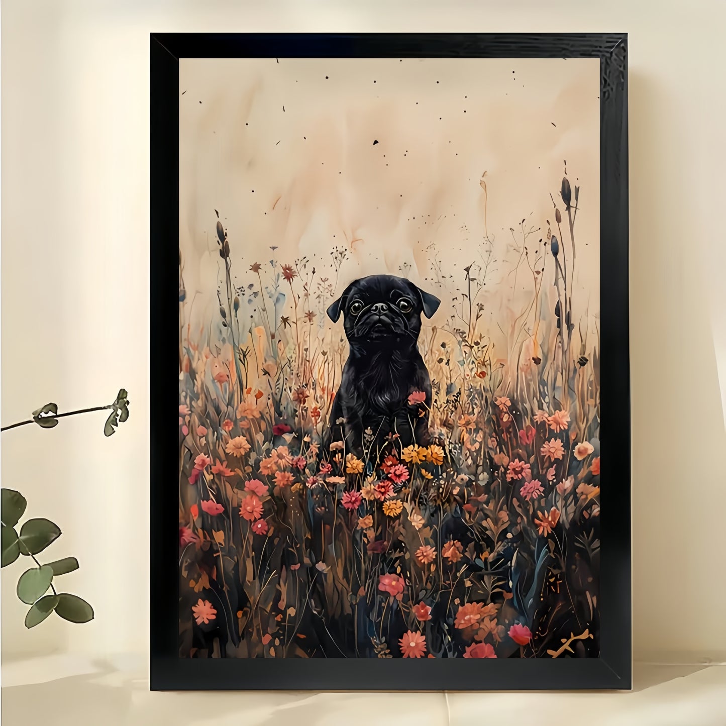 Black Dog in Wildflower Field – Watercolor Style Nature Wall Art on Natural Wood Canvas | W773