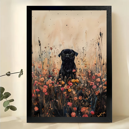 Black Dog in Wildflower Field – Watercolor Style Nature Wall Art on Natural Wood Canvas | W773