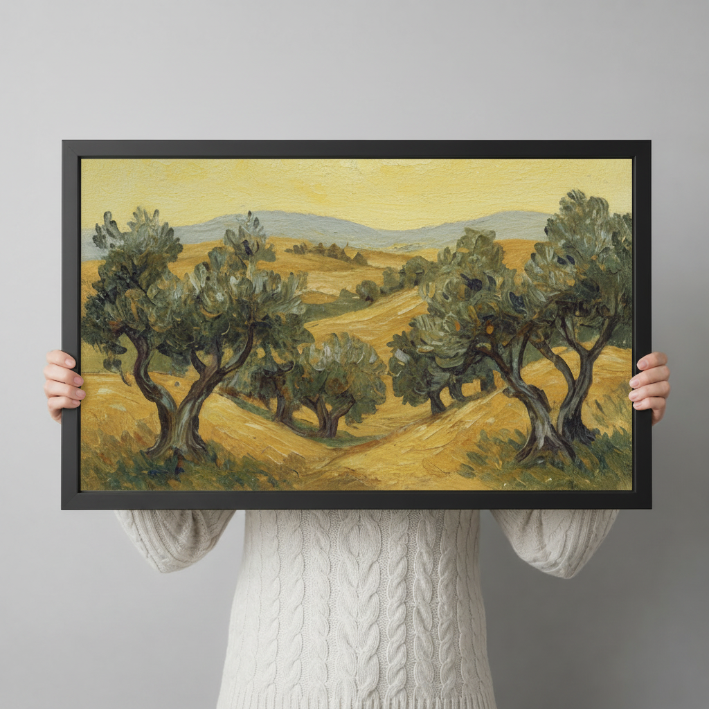 Olive grove landscape canvas wall art – vintage oil painting style detail view