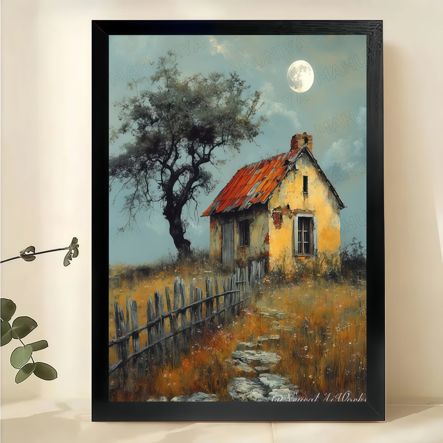 Rustic Cottage Moonlit Landscape – Vintage Countryside Wall Art on Natural Wood Canvas | W2028
