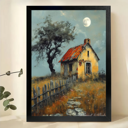 Rustic Cottage Moonlit Landscape – Vintage Countryside Wall Art on Natural Wood Canvas | W2028