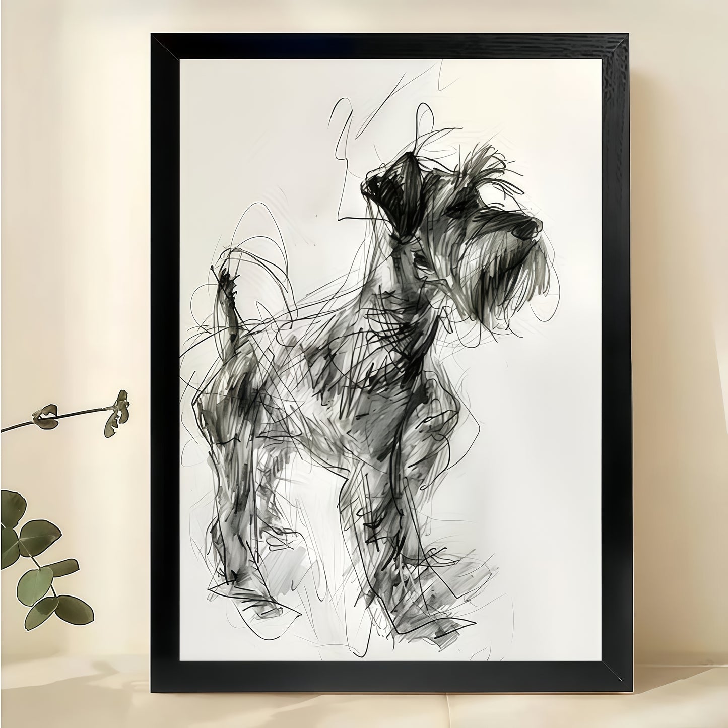 Sketch Style Schnauzer – Hand Drawn Dog Wall Art on Natural Wood Canvas | W2022