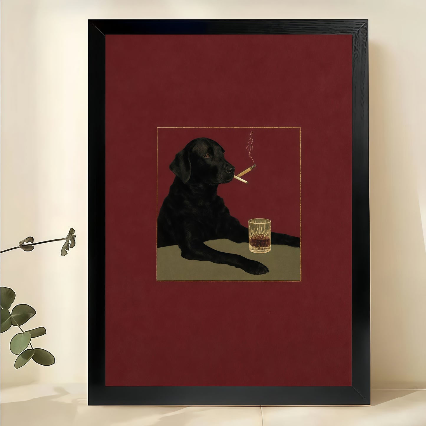 Black Dog Smoking – Retro Humorous Parody Wall Art on Natural Wood Canvas | W860