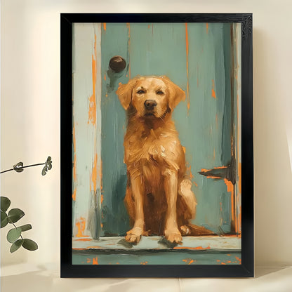 Golden Retriever at Blue Door – Rustic Oil Painting Style Dog Wall Art on Natural Wood Canvas | W2016