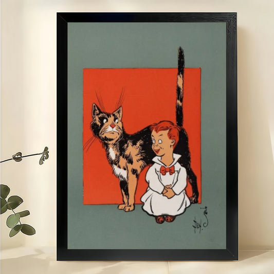 Boy with Tall Cat Wall Art – Retro Cartoon Pet Canvas Print on Natural Wood Frame | W2409