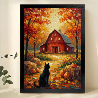 The Autumn Barn Black Cat – Warm Rustic Wall Art on Natural Wood Canvas | W639
