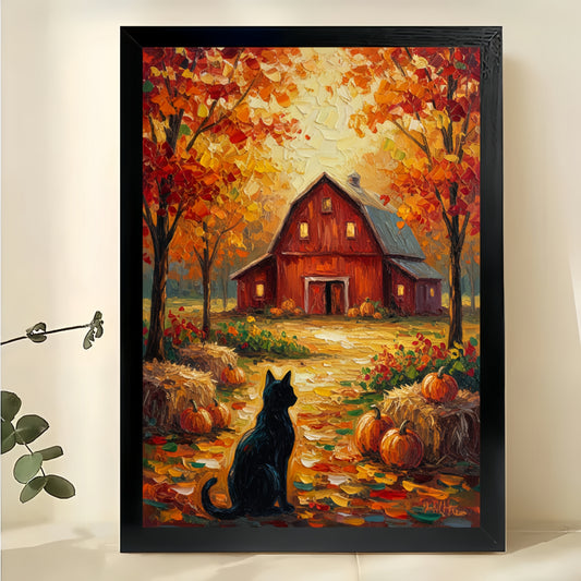 The Autumn Barn Black Cat – Warm Rustic Wall Art on Natural Wood Canvas | W639