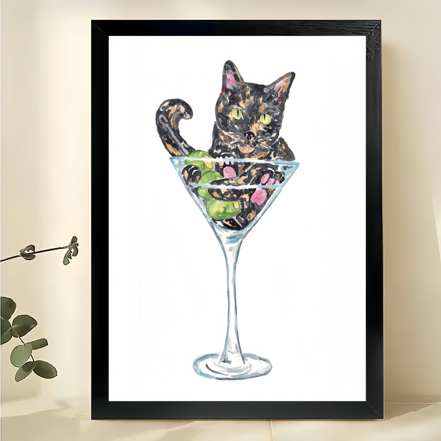 Tortoiseshell Cat in Martini – Whimsical Cocktail Cat Wall Art on Natural Wood Canvas | W2067