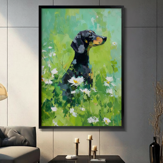 Dachshund Daisy Field Impressionist Canvas Wall Art