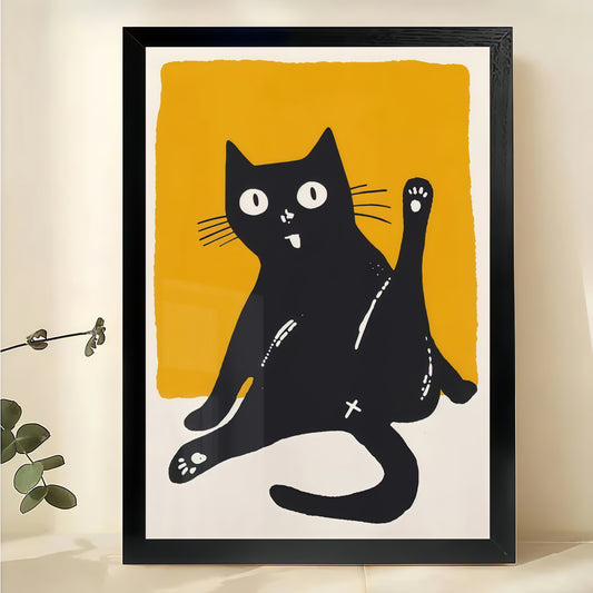 Silly Black Cat – Minimalist Mid-Century Modern Wall Art on Natural Wood Canvas | W890