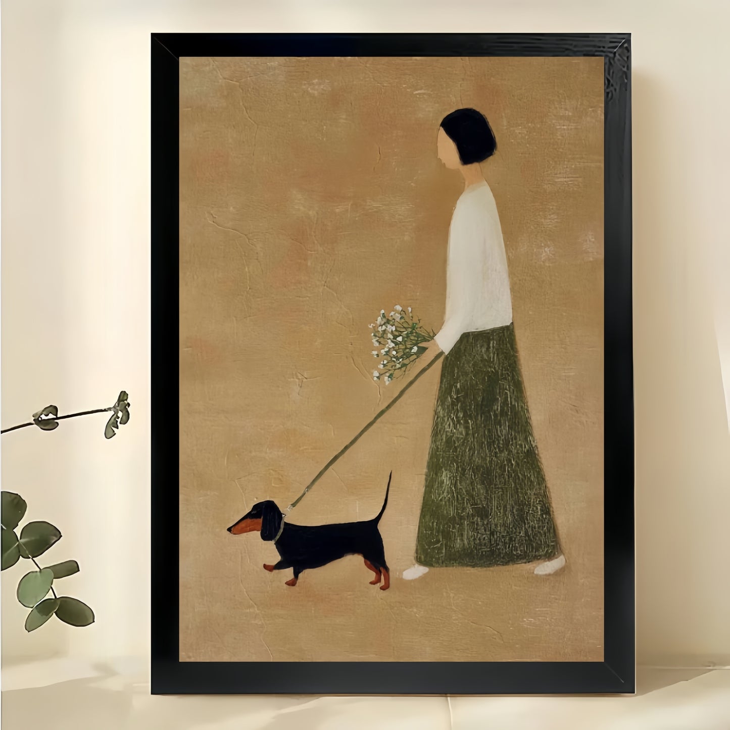 Minimalist Girl Walking Dachshund Wall Art – Warm Neutral Pet Canvas Print (Unframed Rolled Canvas) | W2108