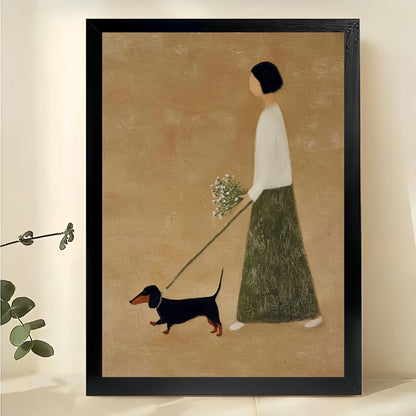 Minimalist Girl Walking Dachshund Wall Art – Warm Neutral Pet Canvas Print (Unframed Rolled Canvas) | W2108