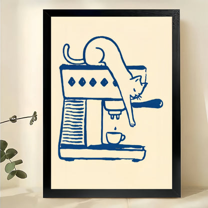 Cat on Espresso Machine – Minimalist Coffee Cat Line Art Wall Art on Natural Wood Canvas | W2062