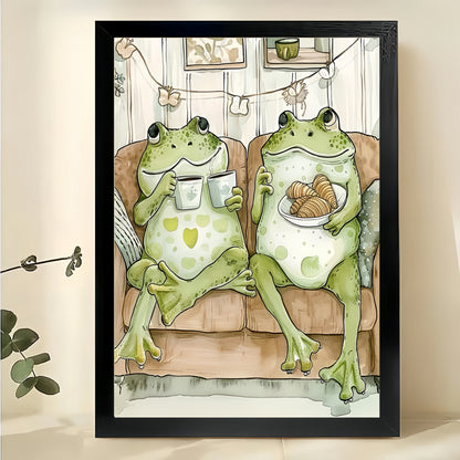 Cozy Frogs on Couch Wall Art – Whimsical Frog Couple Canvas Print with Natural Wood Frame | W2078