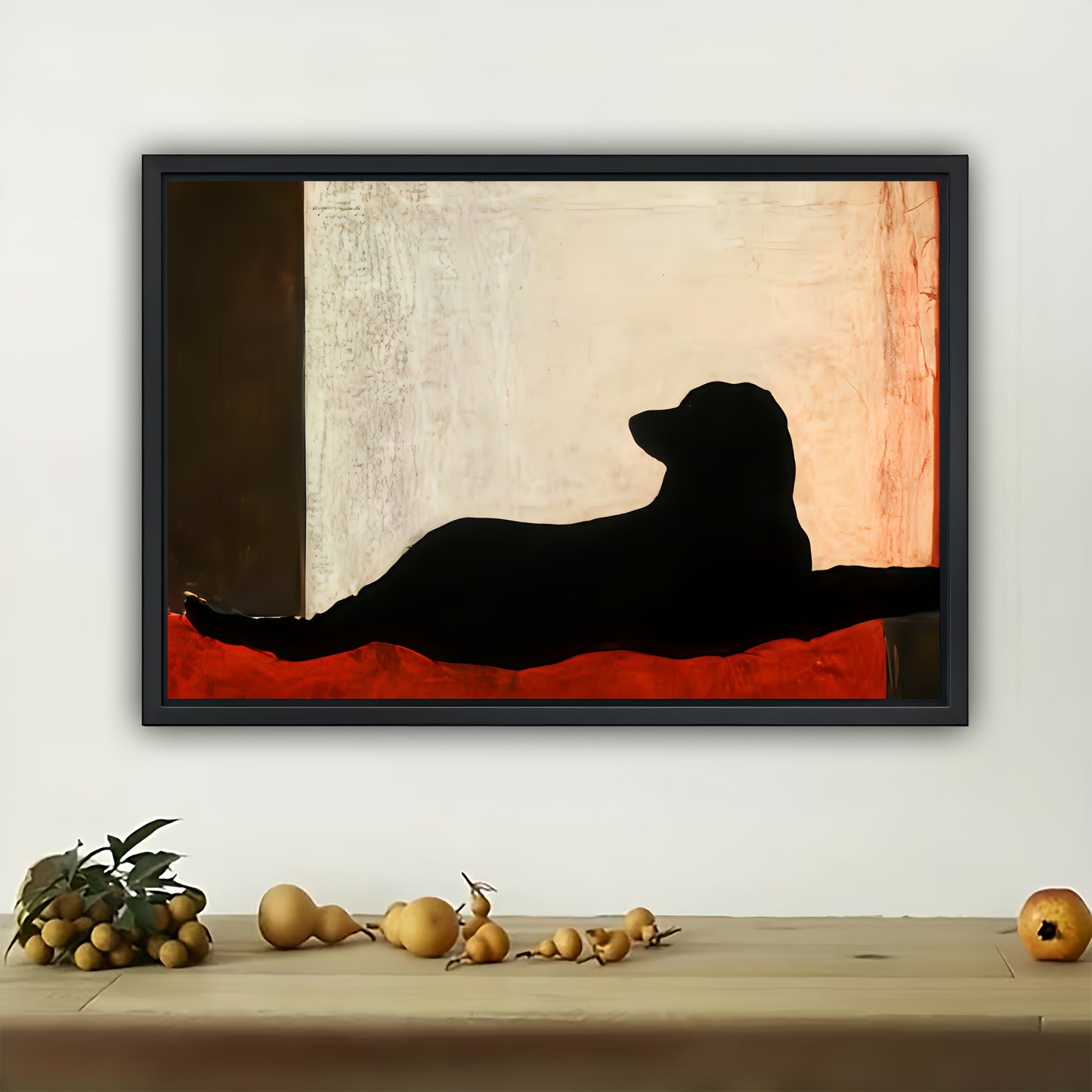 The Sleek Black Dog Silhouette – Minimalist Modern Wall Art on Natural Wood Canvas | W579