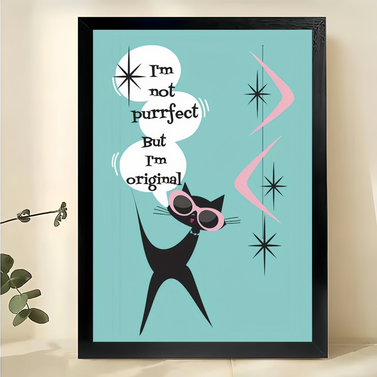 I’m Not Purrfect But I’m Original Retro Cat – Mid-Century Modern Wall Art on Natural Wood Canvas | W875