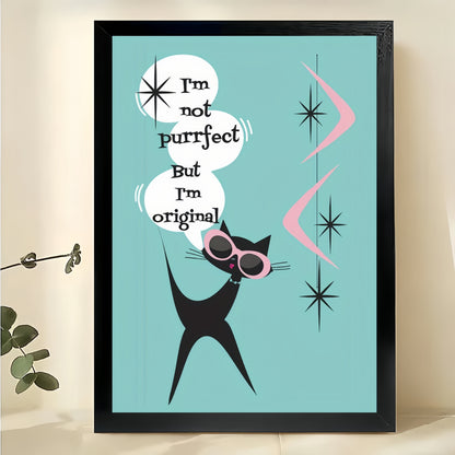 I’m Not Purrfect But I’m Original Retro Cat – Mid-Century Modern Wall Art on Natural Wood Canvas | W875