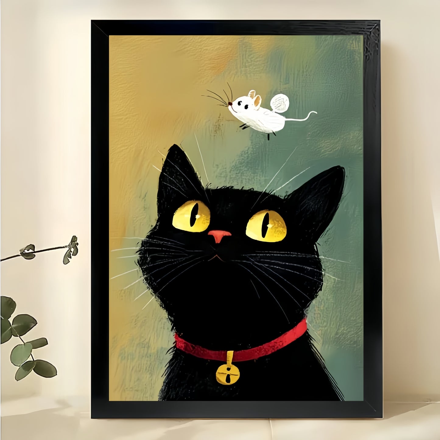 Minimalist Black Cat with Flying Birds Line Art – Calm Cozy Wall Art on Natural Wood Canvas | W687