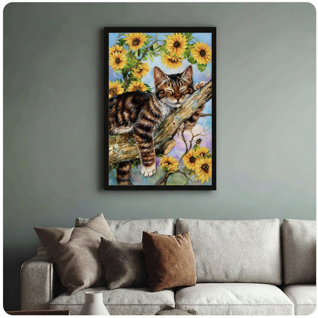 Framed tabby cat sunflower wall art above sofa