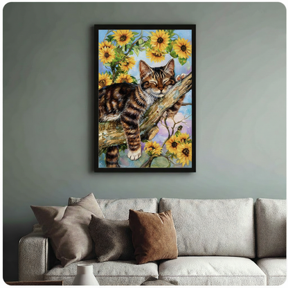 Framed tabby cat sunflower wall art above sofa
