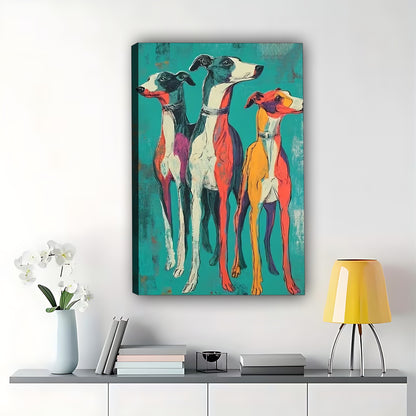 The Vibrant Greyhound Group – Colorful Dog Portrait Wall Art on Natural Wood Grain Canvas | W500