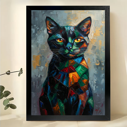 Colorful Abstract Black Cat – Modern Artistic Wall Art on Natural Wood Canvas | W714