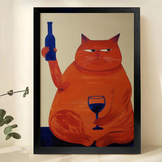 Retro Orange Cat with Wine Glass – Whimsical Culinary Wall Art on Natural Wood Canvas | W721