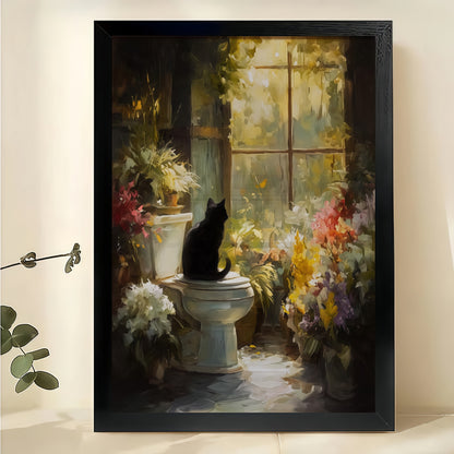 Black Cat on Toilet with Flowers – Humorous Vintage Bathroom Wall Art on Natural Wood Canvas | W962