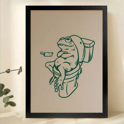 Frog on Toilet – Whimsical Bathroom Line Art Wall Art on Natural Wood Canvas | W866